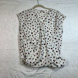 Umgee Surplice Wrap Top S White Brown Smocked Animal Print Women